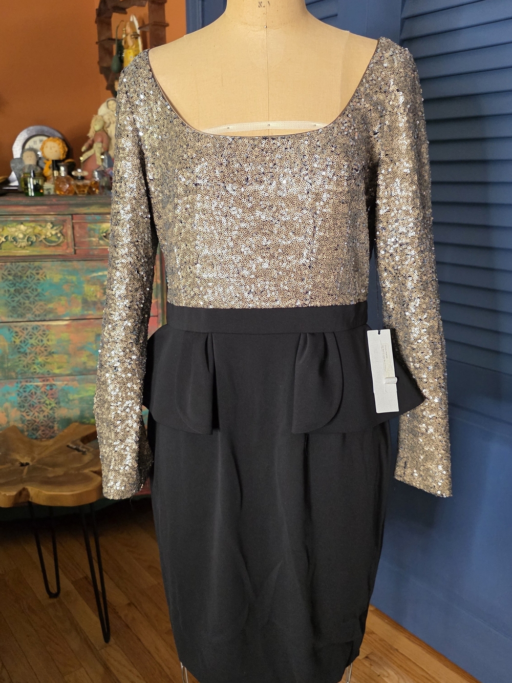 JAYGODFREY Silver Sequin Bodice Black Peplum Long-Sleeve Dress